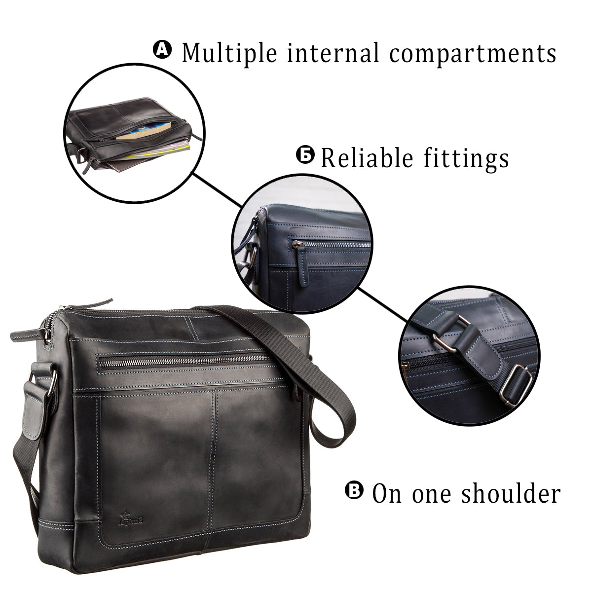 Men's Leather Shoulder Business Bag SHVIGEL 11246 Black Genuine Leather Durable Design
