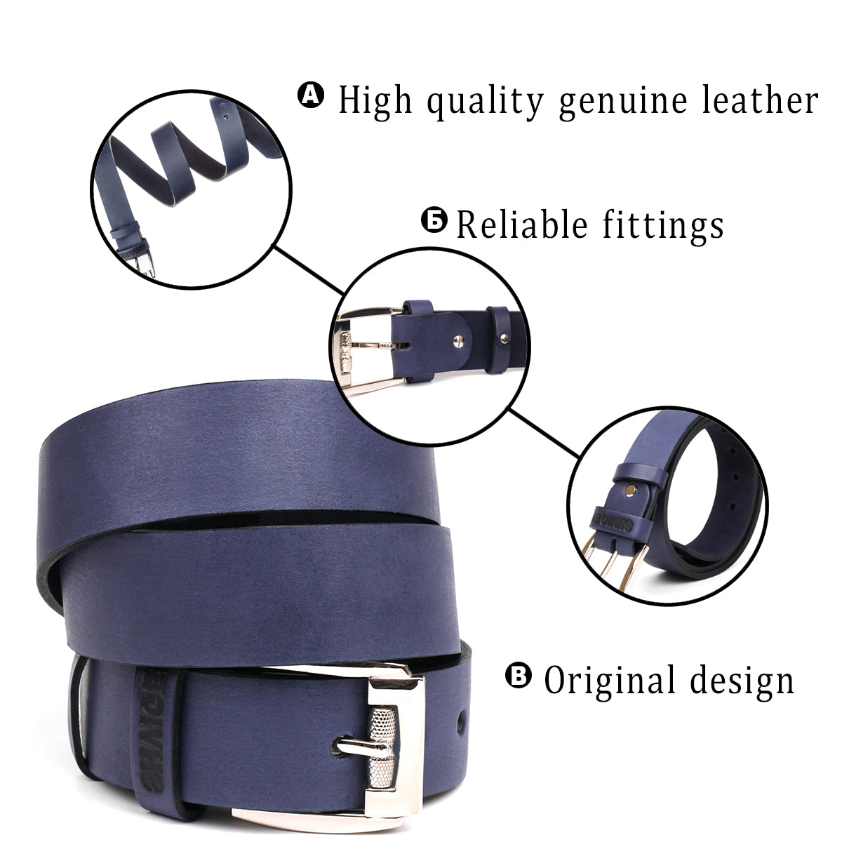Classic Men's Leather Belt SHVIGEL 11254 Blue Natural Leather Made in Ukraine