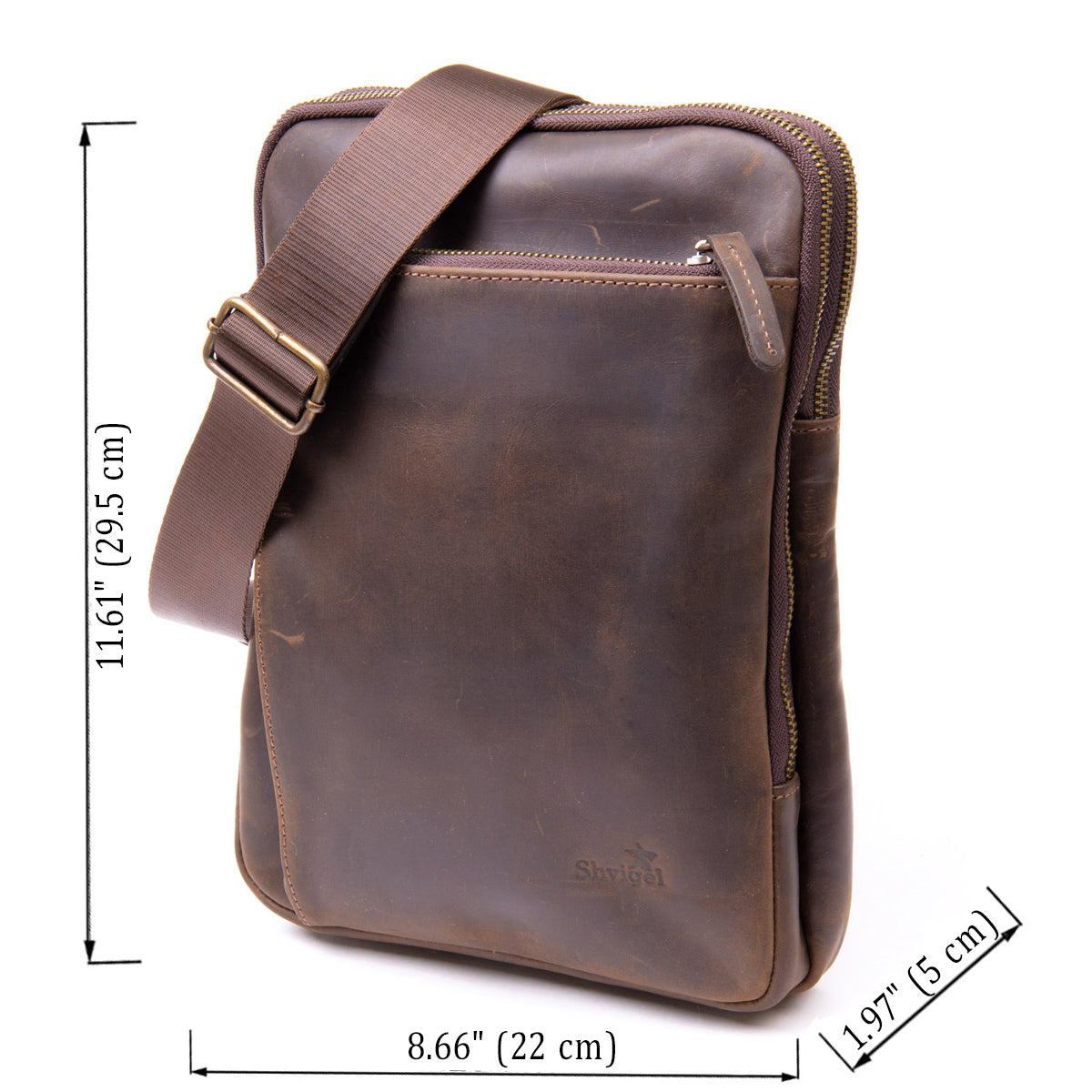 Original SHVIGEL Bag with Zippered Pocket in Matte Brown Leather 11280 - Ukrainian Craftsmanship