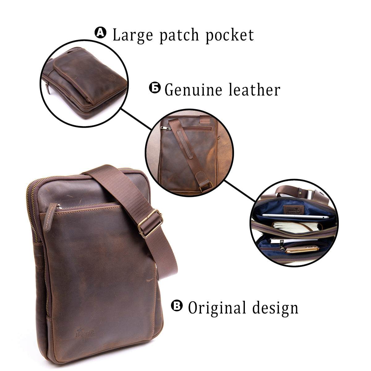Original SHVIGEL Bag with Zippered Pocket in Matte Brown Leather 11280 - Ukrainian Craftsmanship