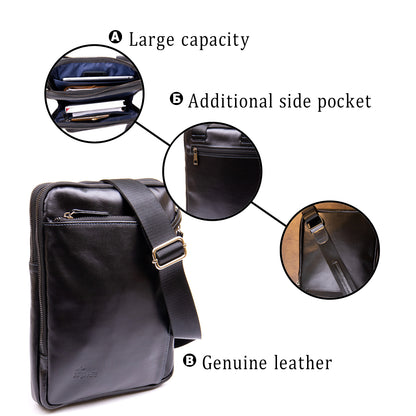 Men's Tablet Bag SHVIGEL 11281 Black Leather with Zip Pocket, Stylish Design