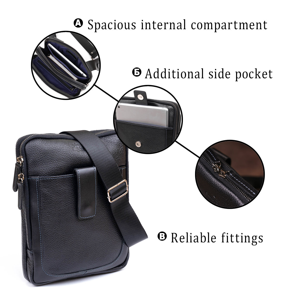 Men's Leather Satchel Bag SHVIGEL 11283 Black, Two Compartment Flotar Design