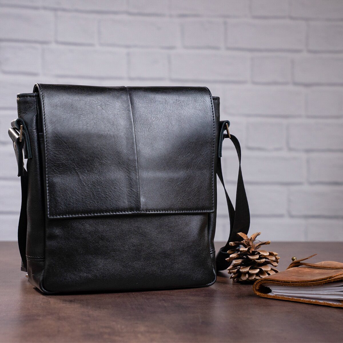 Leather Messenger Bag SHVIGEL 00793 Black Genuine Leather, Handmade in Ukraine