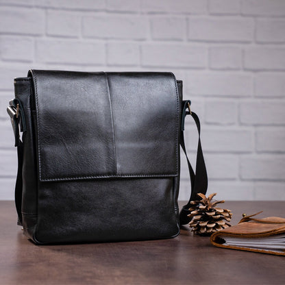 Leather Messenger Bag SHVIGEL 00793 Black Genuine Leather, Handmade in Ukraine