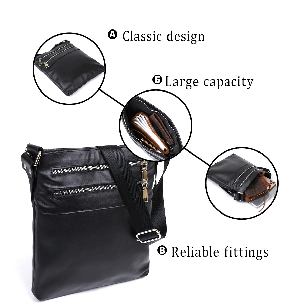 Men's Leather Shoulder Bag SHVIGEL 11602 Black Natural Leather Handmade Ukraine