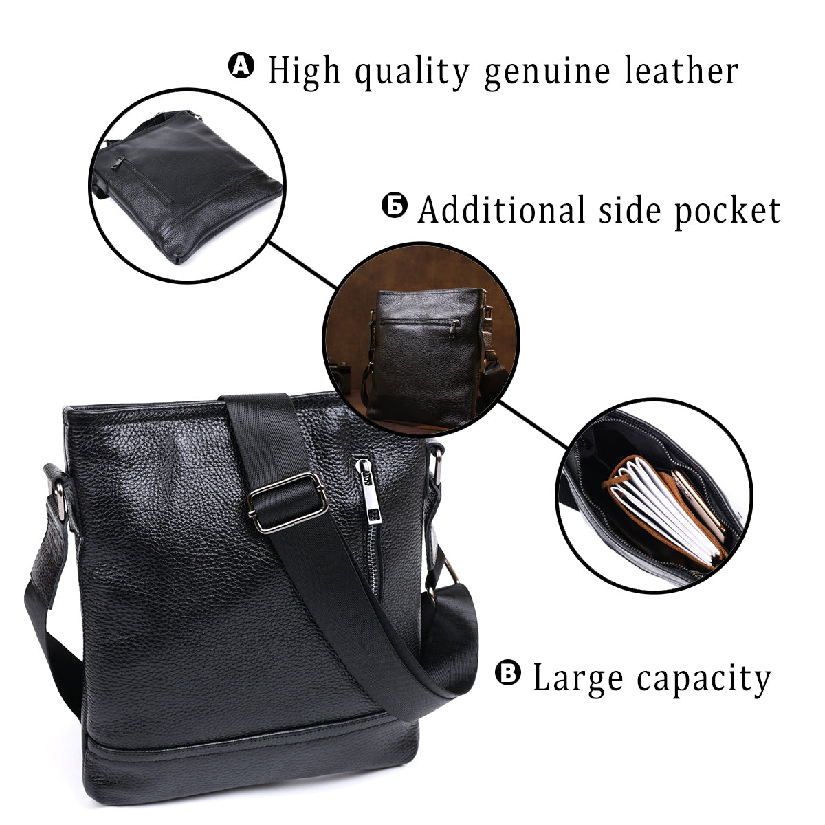 Stylish Leather Shoulder Bag for Men by SHVIGEL 11604 in Black, Made of Natural Leather