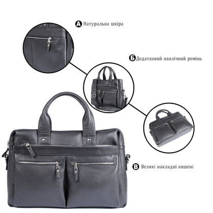 Leather Laptop Bag SHVIGEL 00975 Black, Made in Ukraine, Premium Natural Leather
