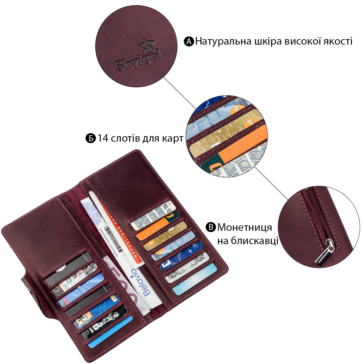 Vertical Women's Wallet SHVIGEL 16178 Vintage Leather with Buttons Burgundy, Made in Ukraine