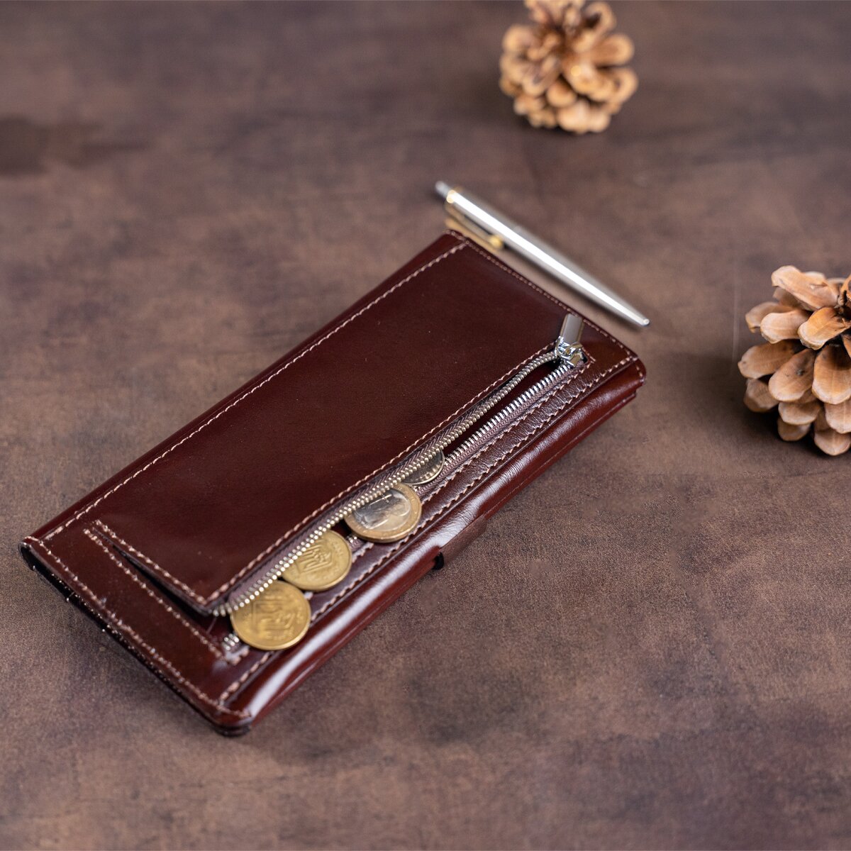 Vertical Wallet SHVIGEL 16202 Brown Genuine Leather Made in Ukraine