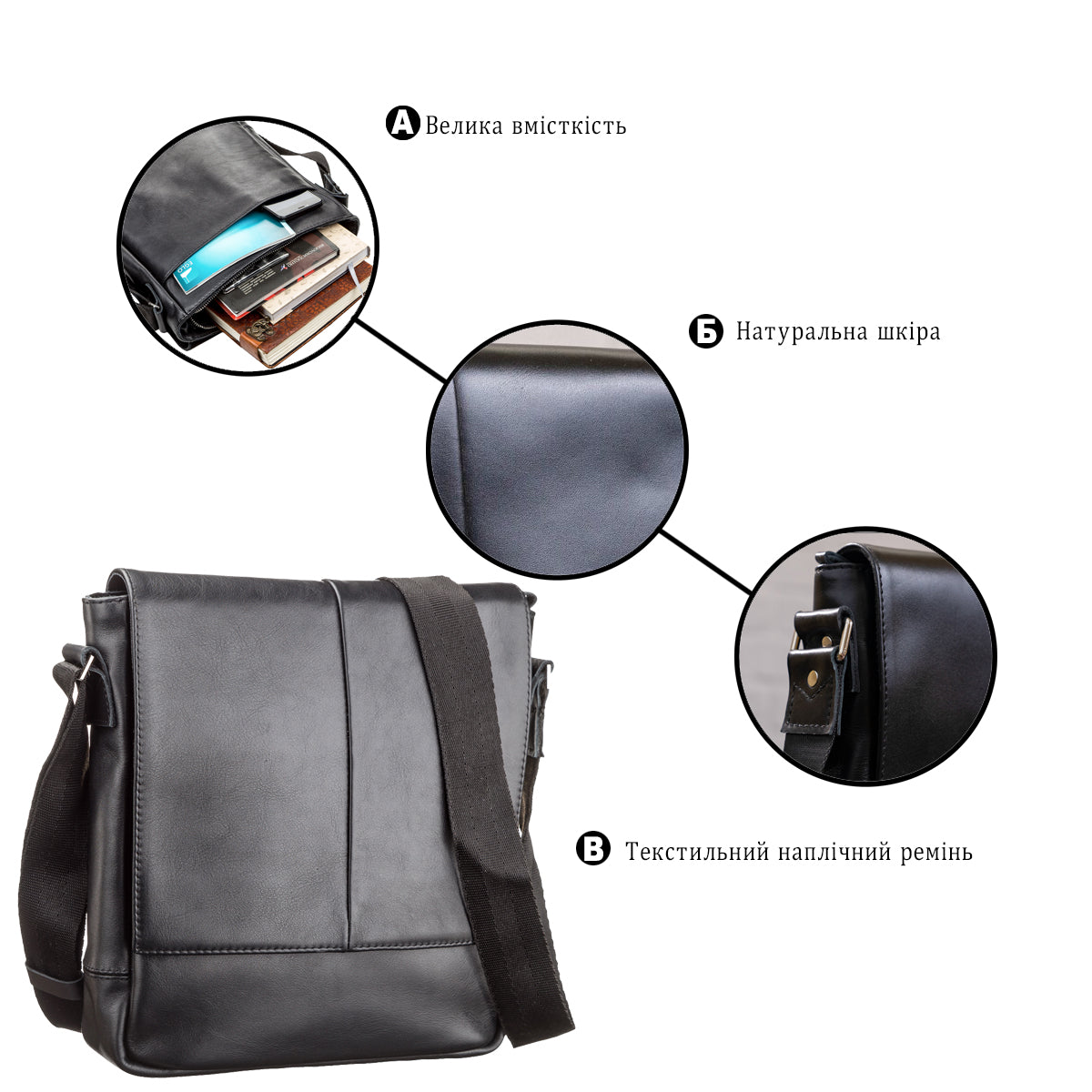 Men's Genuine Leather Bag SHVIGEL 00878 Black, Stylish Design Made in Ukraine