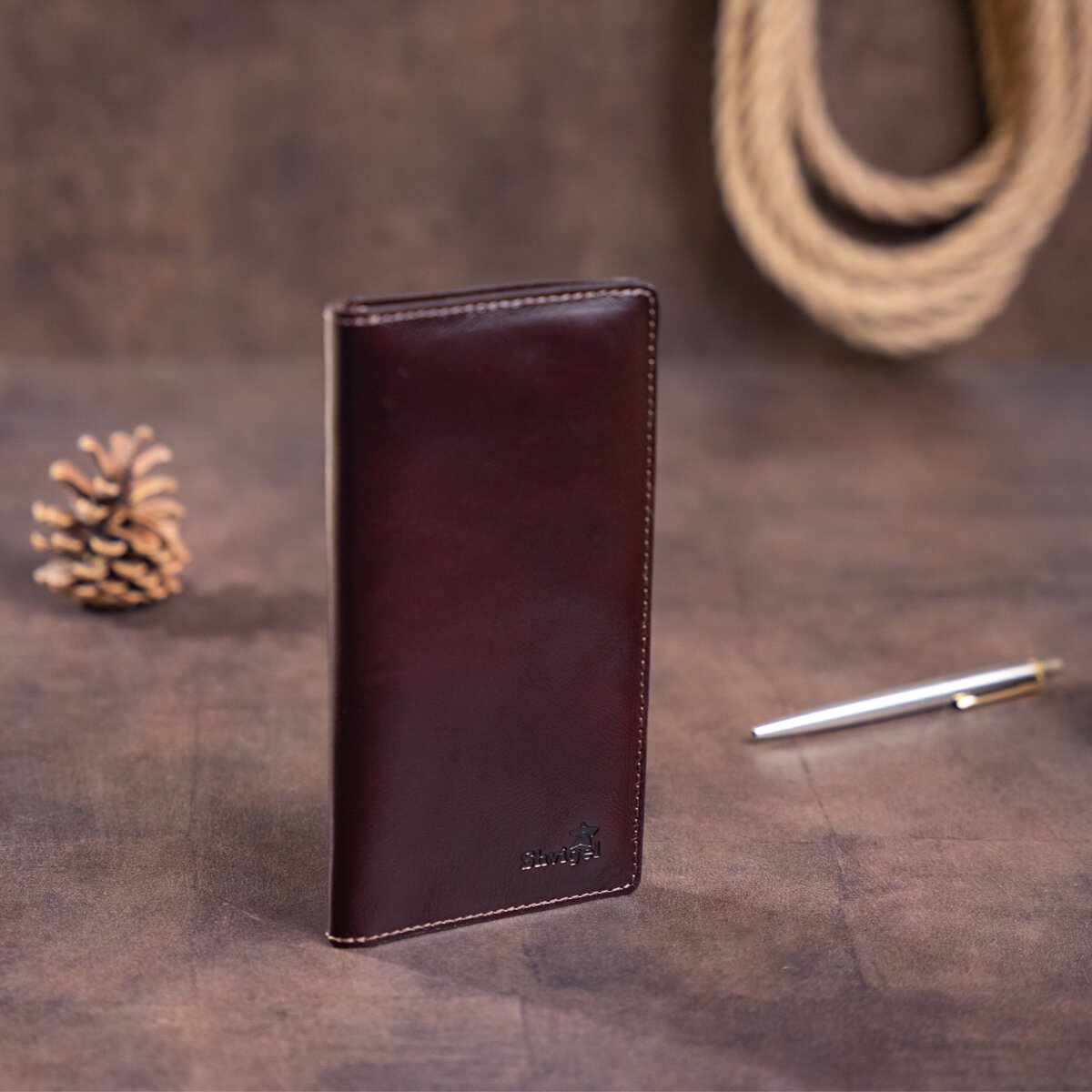 Men's Vertical Wallet SHVIGEL 16193 Brown Genuine Leather with Two Buttons from Ukraine