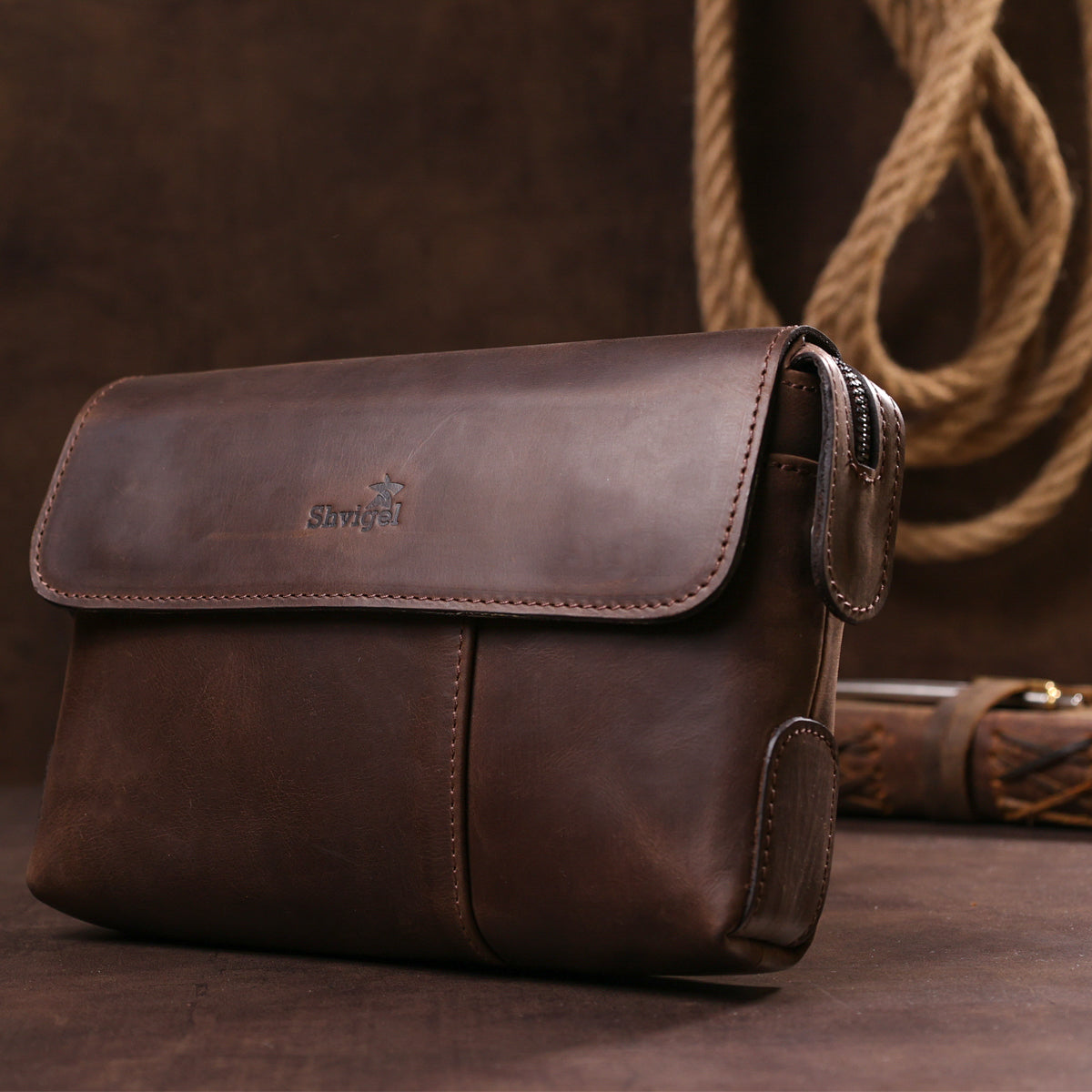 Men's Leather Clutch SHVIGEL 11085 Brown Natural Leather High-Quality Design