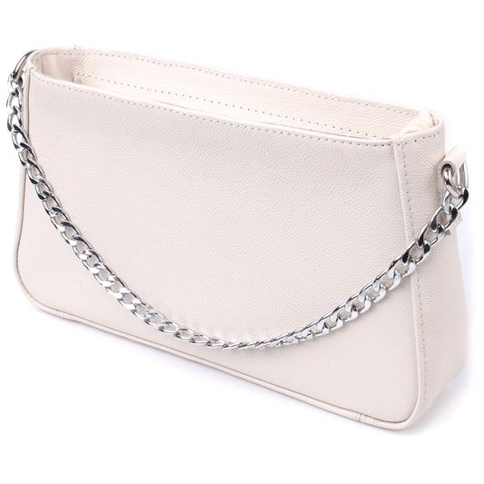 Baguette Bag SHVIGEL 22835 Beige with Chain and Removable Strap Made of Genuine Leather