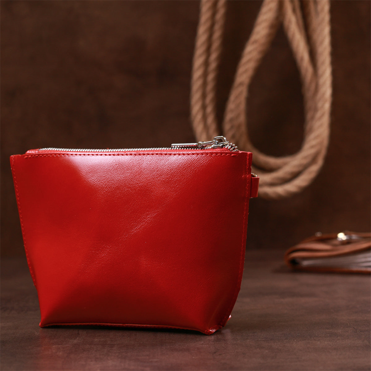 Glossy Women's Cosmetic Bag SHVIGEL 16410 Red Natural Leather Stylish Design