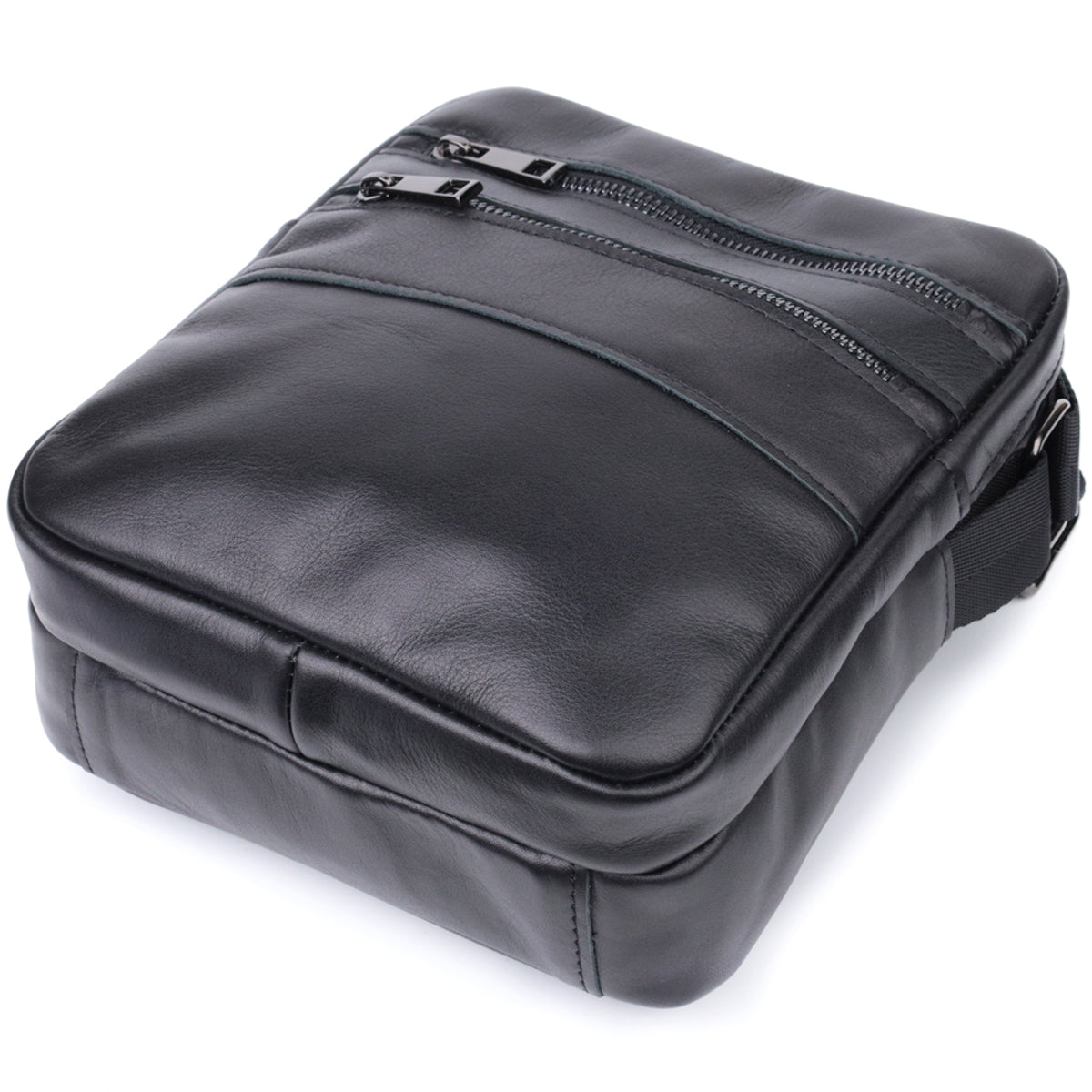 Classic Men's Messenger Bag by SHVIGEL, Model 22846, Glossy Black Natural Leather