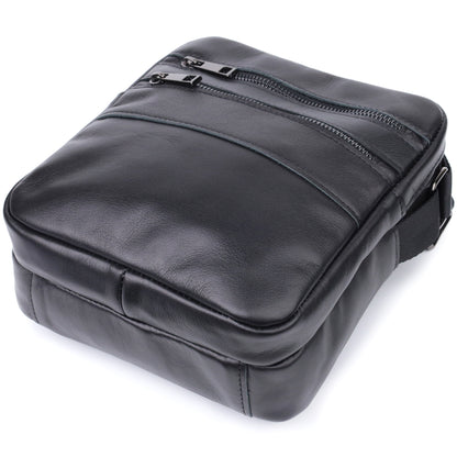 Classic Men's Messenger Bag by SHVIGEL, Model 22846, Glossy Black Natural Leather