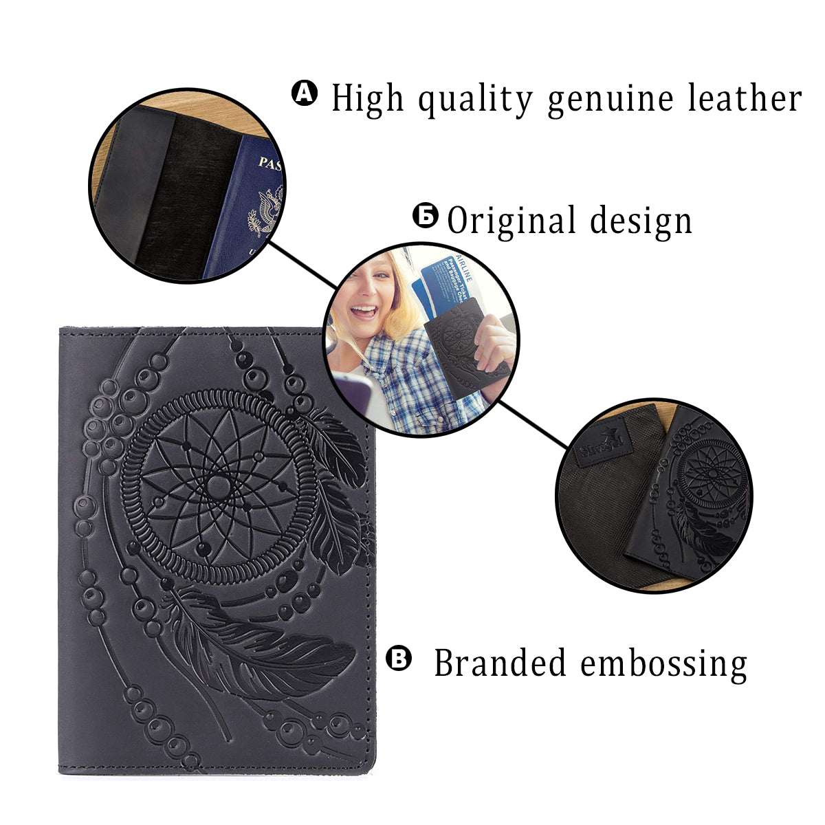 Passport Cover SHVIGEL 13837 Black Genuine Leather Handmade from Ukraine