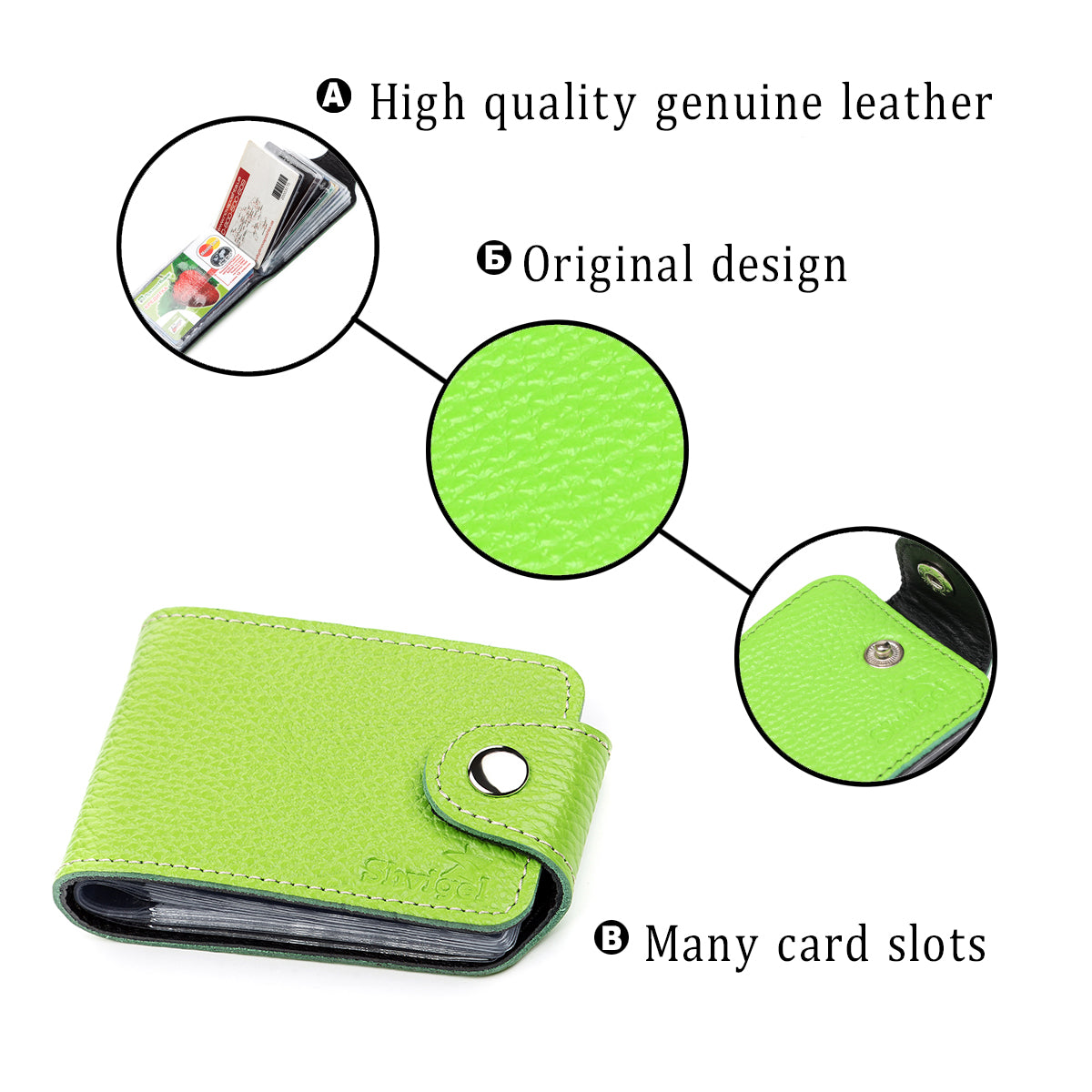 Horizontal Business Card Holder SHVIGEL 13916 Leather Green Natural Leather Quality