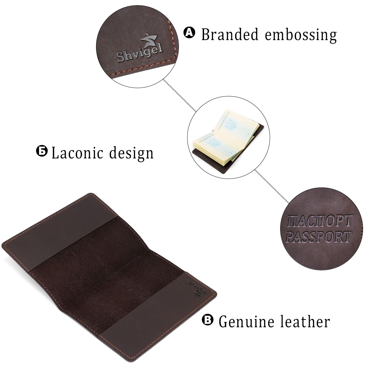 Leather Passport Cover SHVIGEL 13918 Brown Natural Leather Ukrainian Design Features