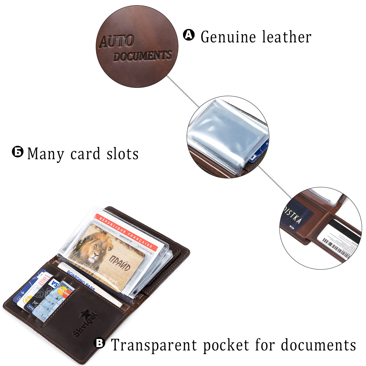 Leather Auto Document Holder SHVIGEL 13922 Brown Natural Leather for Drivers