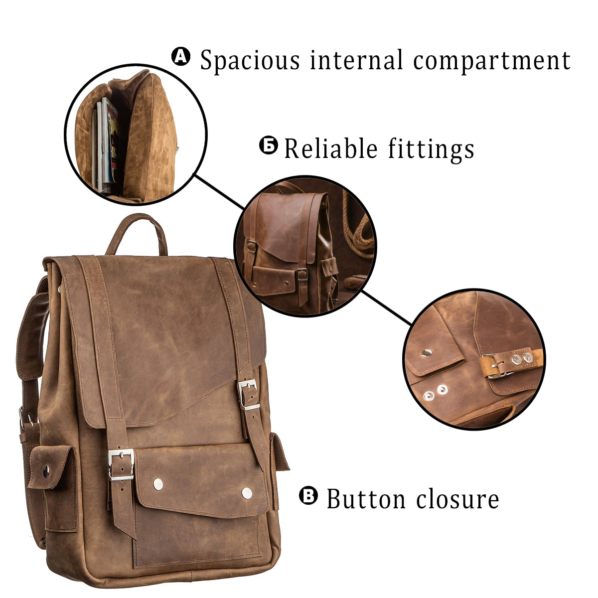 Vintage Effect Backpack SHVIGEL 13947 Brown Natural Leather Handmade in Ukraine