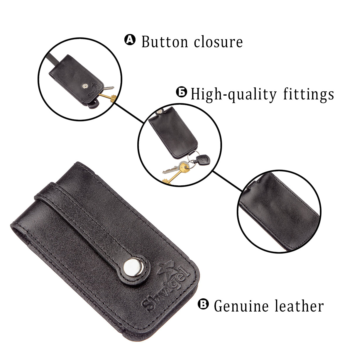 Compact Leather Key Case SHVIGEL 13961 Black Natural Leather for Keys