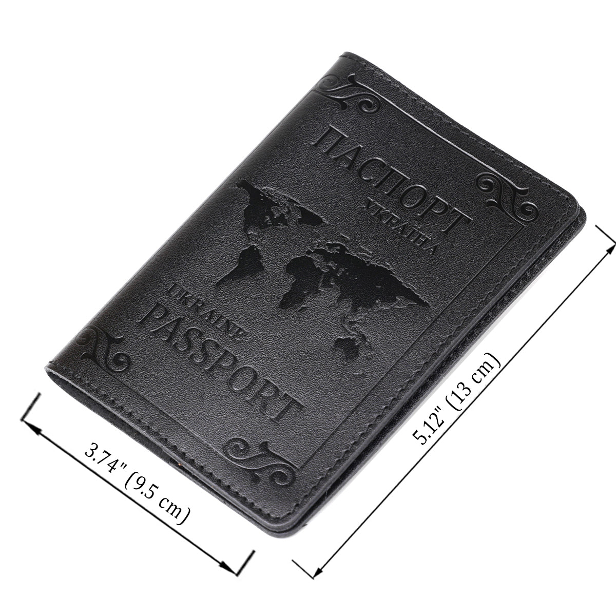Leather Passport Cover with Map and Frame SHVIGEL 13982 in Black - Made in Ukraine, Genuine Leather Design
