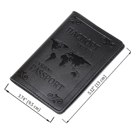 Leather Passport Cover with Map and Frame SHVIGEL 13982 in Black - Made in Ukraine, Genuine Leather Design