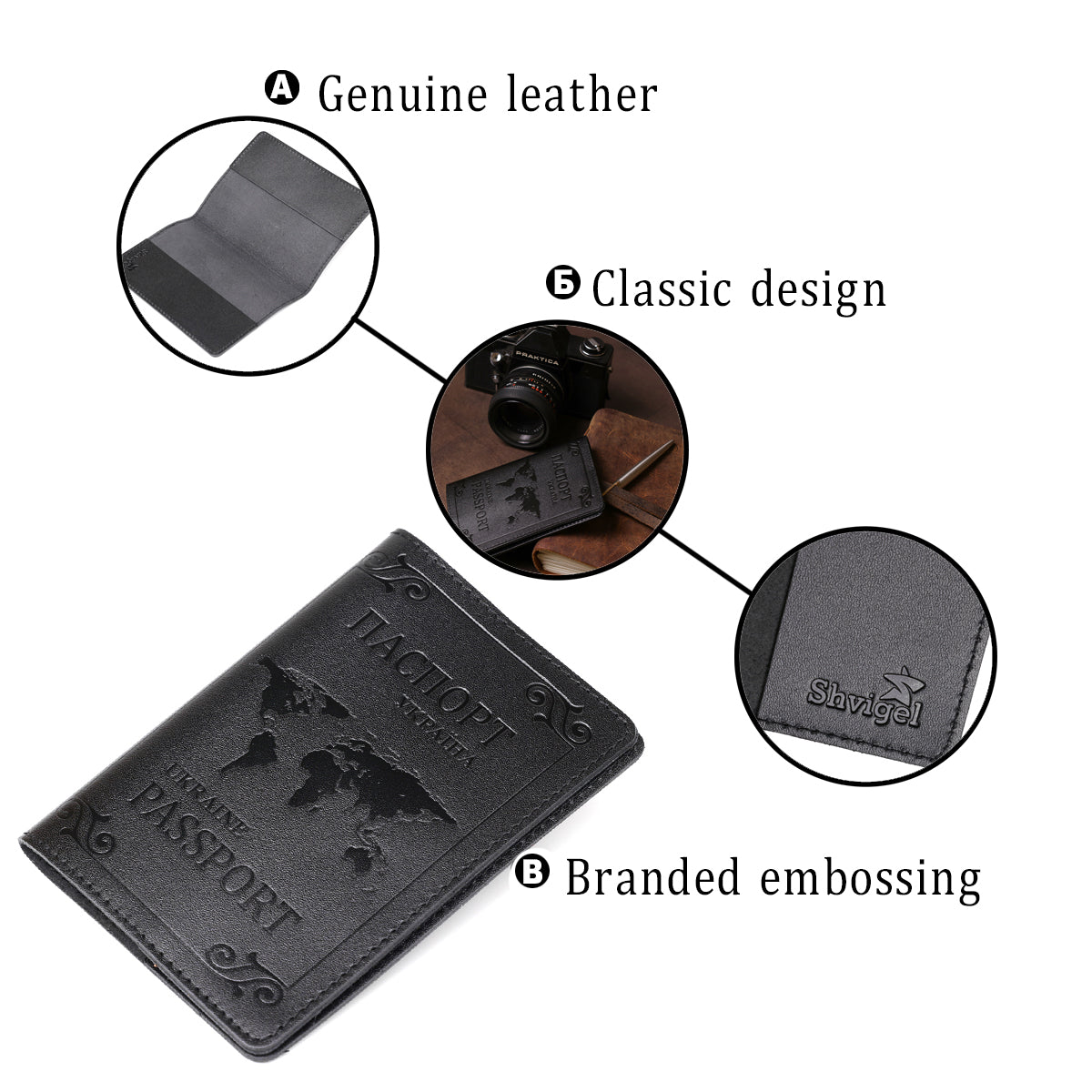 Leather Passport Cover with Map and Frame SHVIGEL 13982 in Black - Made in Ukraine, Genuine Leather Design