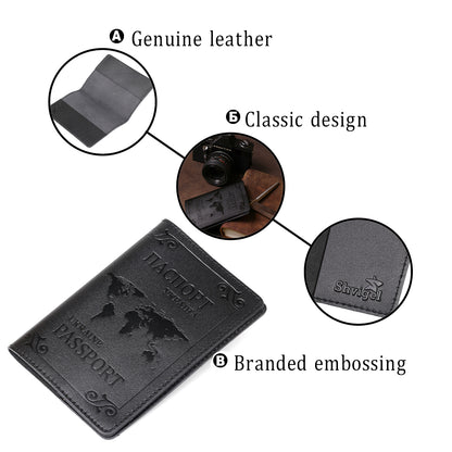 Leather Passport Cover with Map and Frame SHVIGEL 13982 in Black - Made in Ukraine, Genuine Leather Design