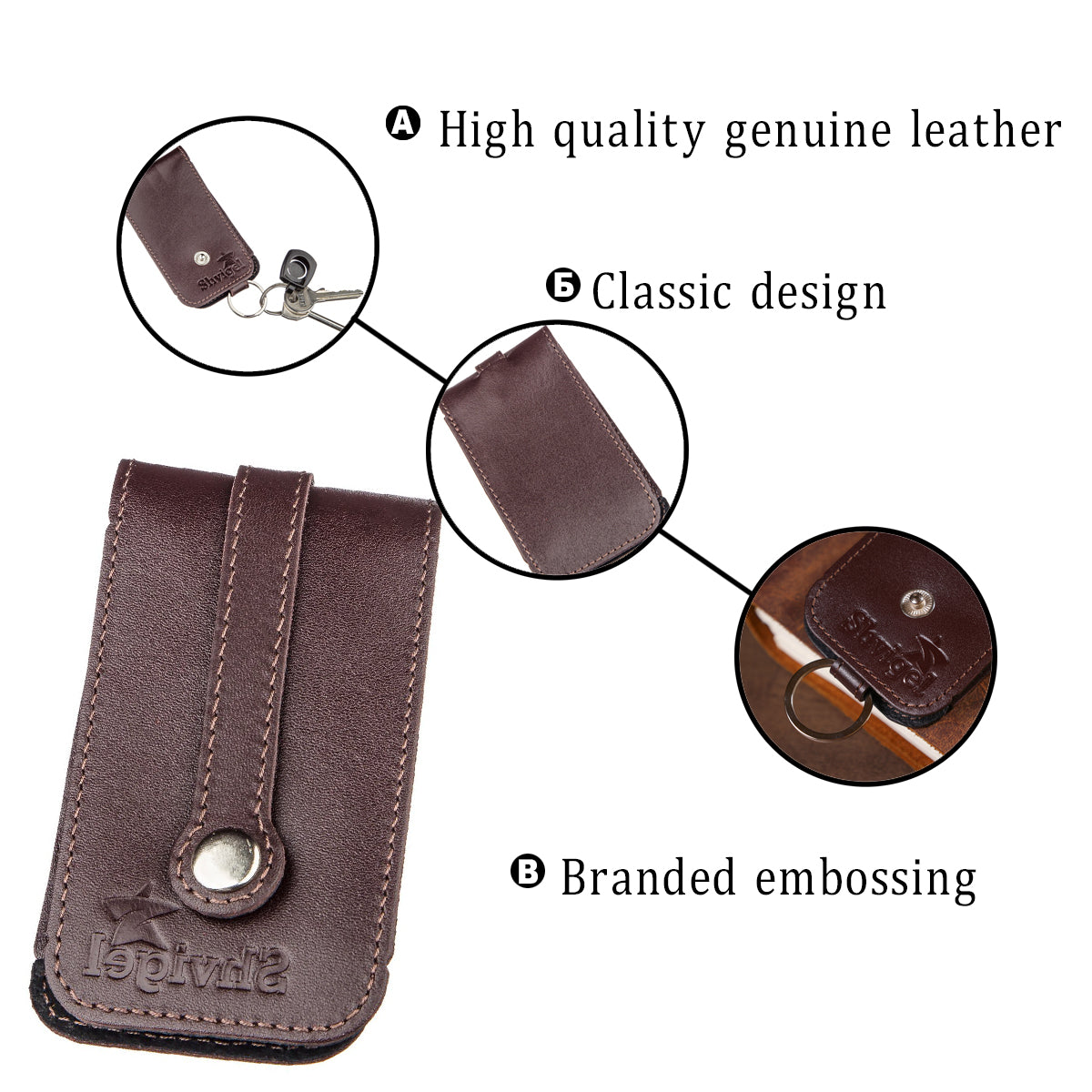 Compact Leather Key Holder with Strap SHVIGEL 13989 Brown Genuine Leather for Keys