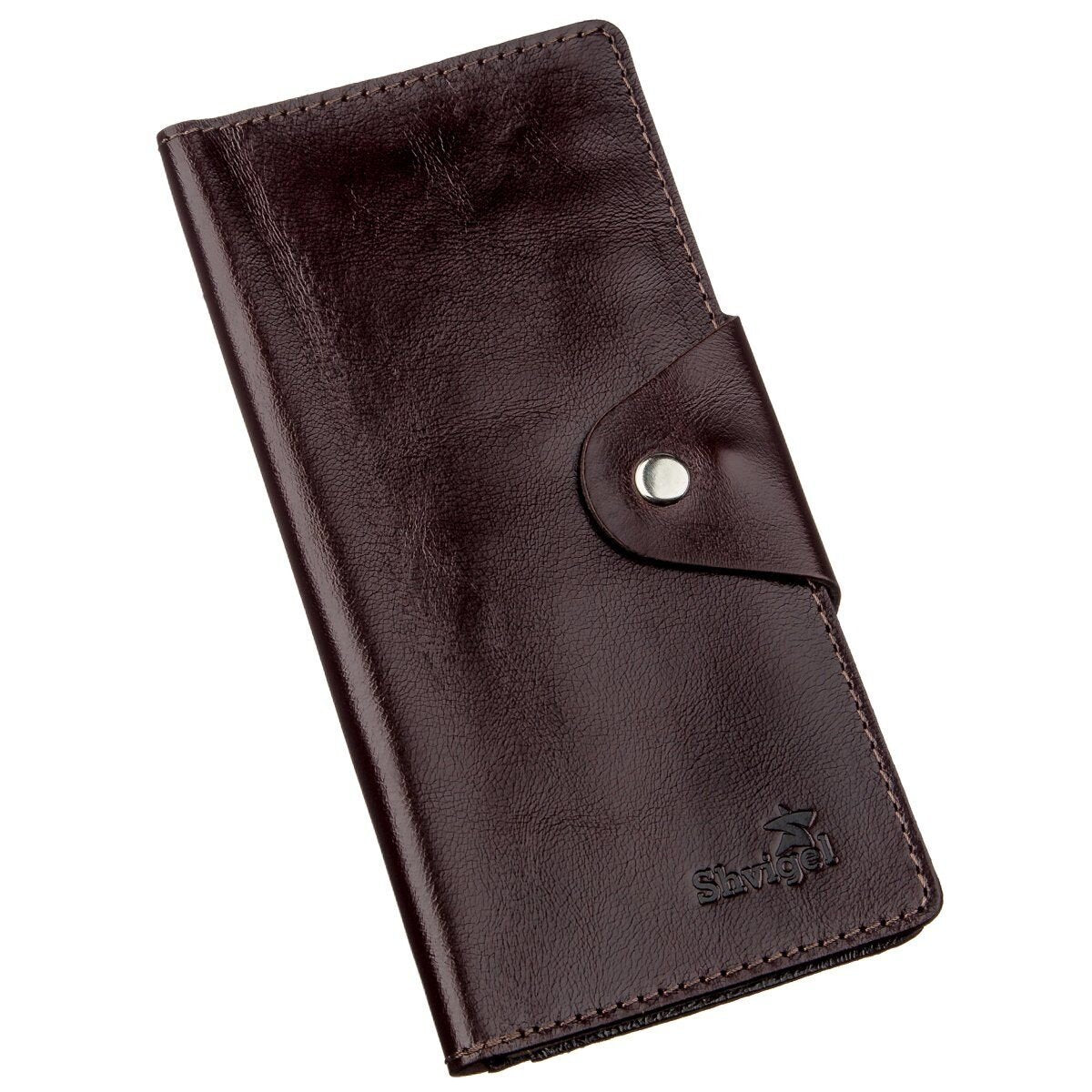 Vertical Men's Wallet SHVIGEL 16175 Brown Natural Leather with Snap Closure