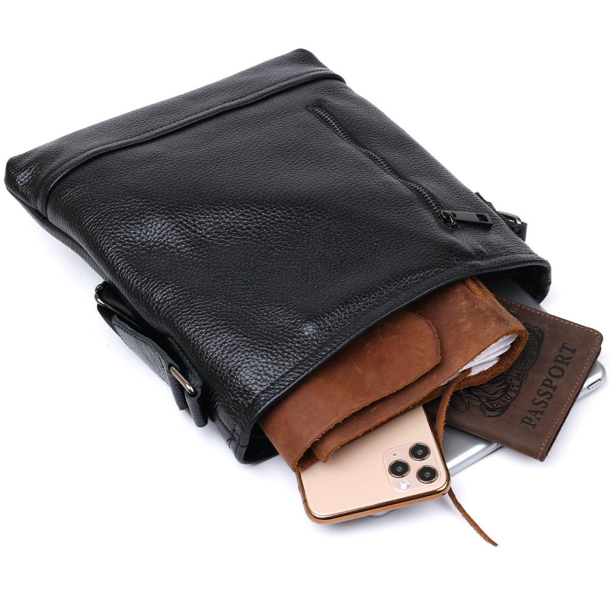 Stylish Leather Shoulder Bag for Men by SHVIGEL 11604 in Black, Made of Natural Leather