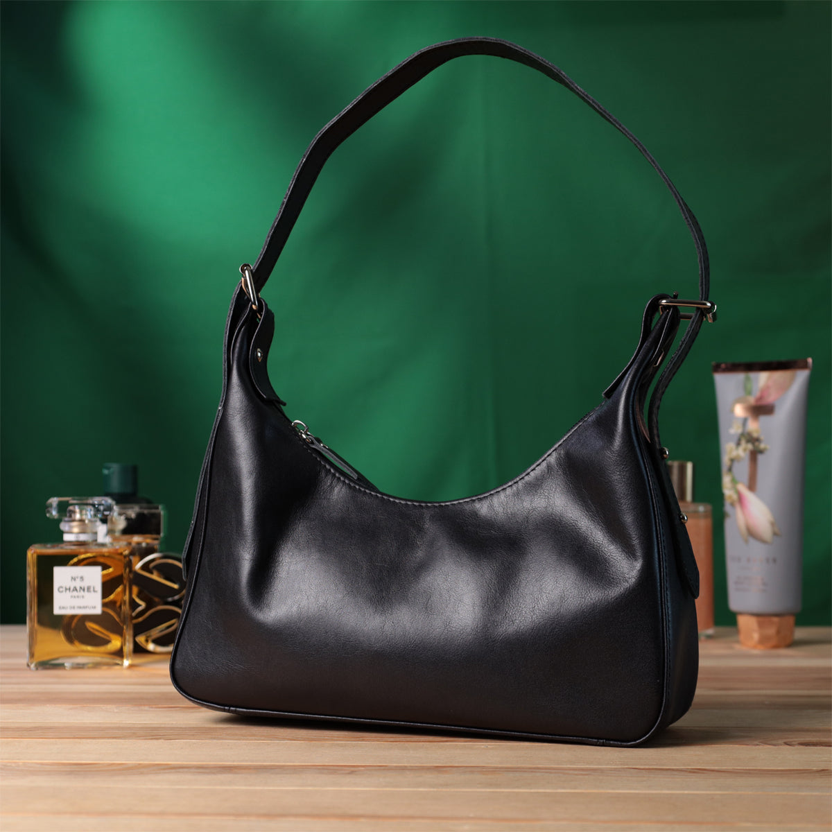 SHVIGEL Women's Baguette Bag with Adjustable Strap, Smooth Natural Leather, Black, Model 22834