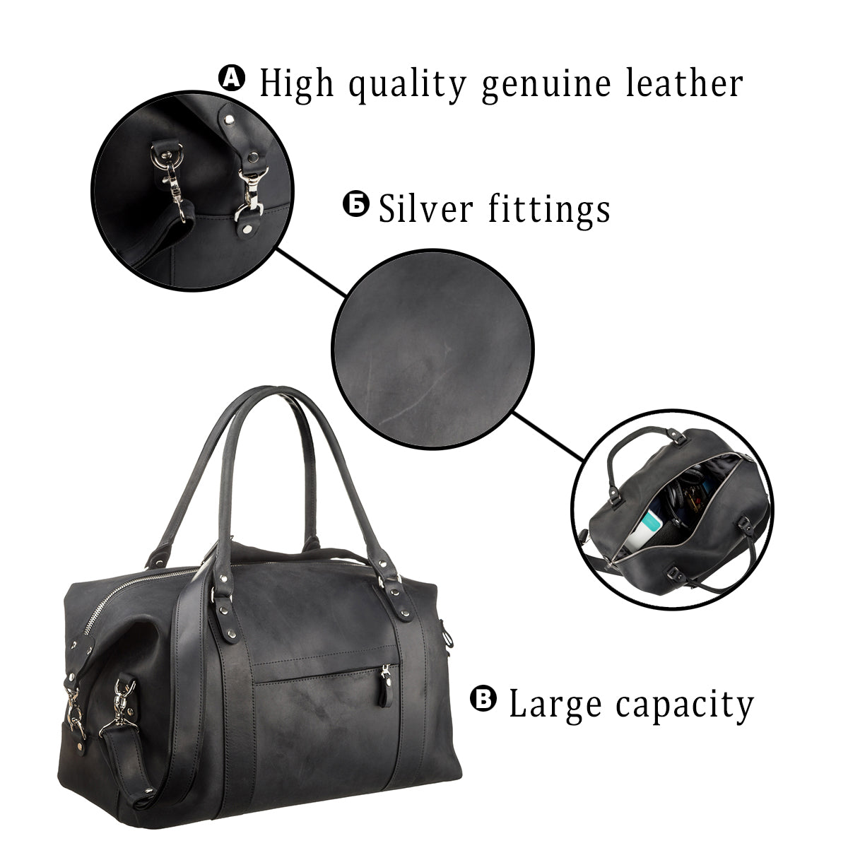 Travel Bag SHVIGEL 15302 Black Natural Leather Stylish Design Quality Craftsmanship