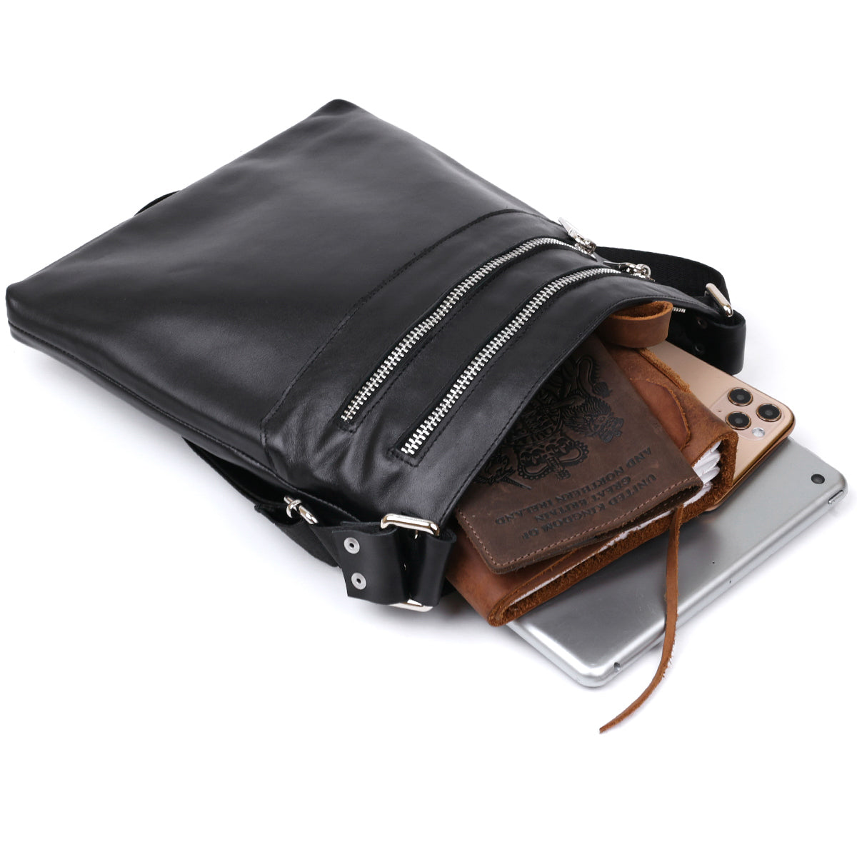 Men's Leather Shoulder Bag SHVIGEL 11602 Black Natural Leather Handmade Ukraine