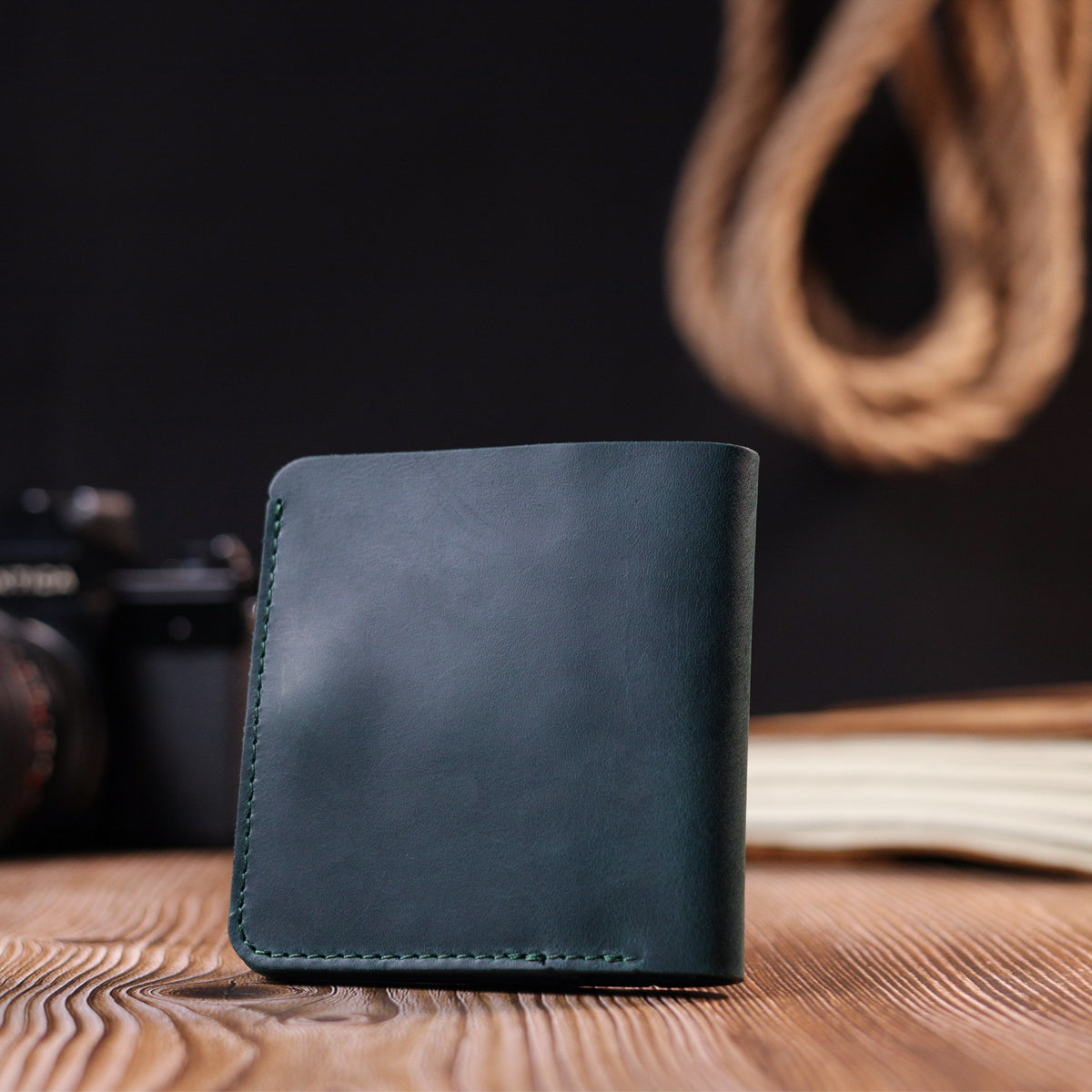 Vintage Leather Wallet SHVIGEL 16603 Green - Handmade in Ukraine, Genuine Leather