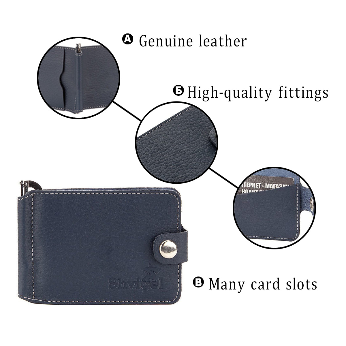 High-Quality Leather Money Clip SHVIGEL 16142 Ukrainian Made Genuine Leather