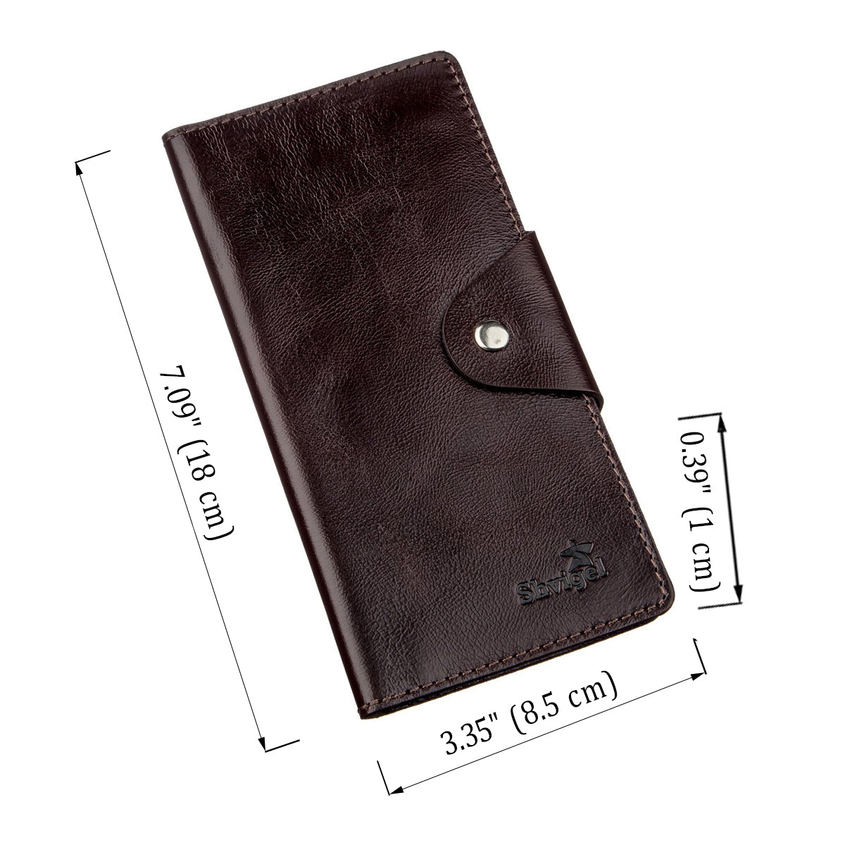 Vertical Wallet SHVIGEL 16171 Brown Alcor Leather with Snap Closure, Ukraine Made