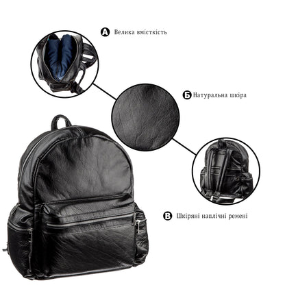 Leather Backpack SHVIGEL 11260 Black Natural Leather, Ukrainian Craftsmanship