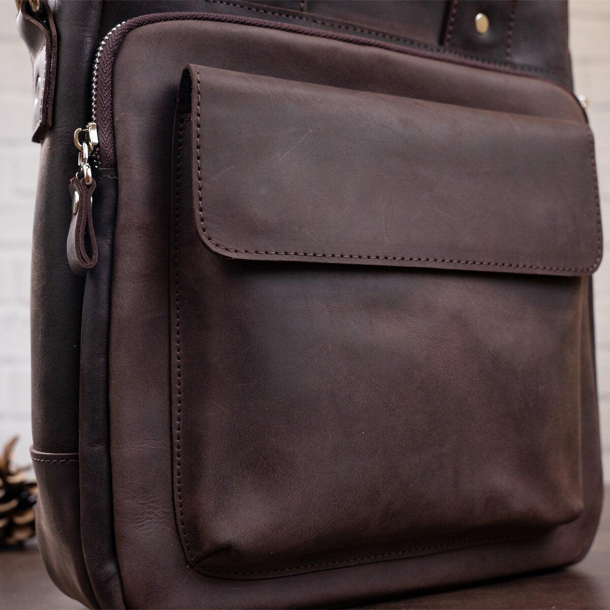 Vintage A4 Vertical Leather Bag by SHVIGEL 11166, Brown, Natural Leather Material, Made in Ukraine