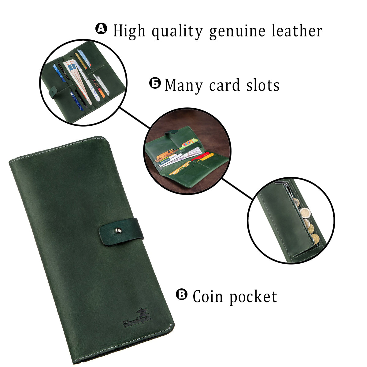 Vintage Leather Wallet SHVIGEL 16206 Green - High-Quality Genuine Leather, Ukraine Made