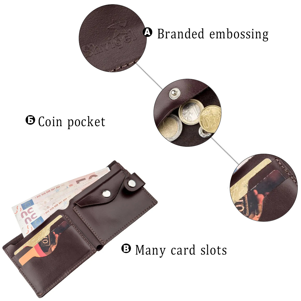Men's Leather Wallet with Coin Pocket SHVIGEL 16213 Brown Natural Leather Made in Ukraine