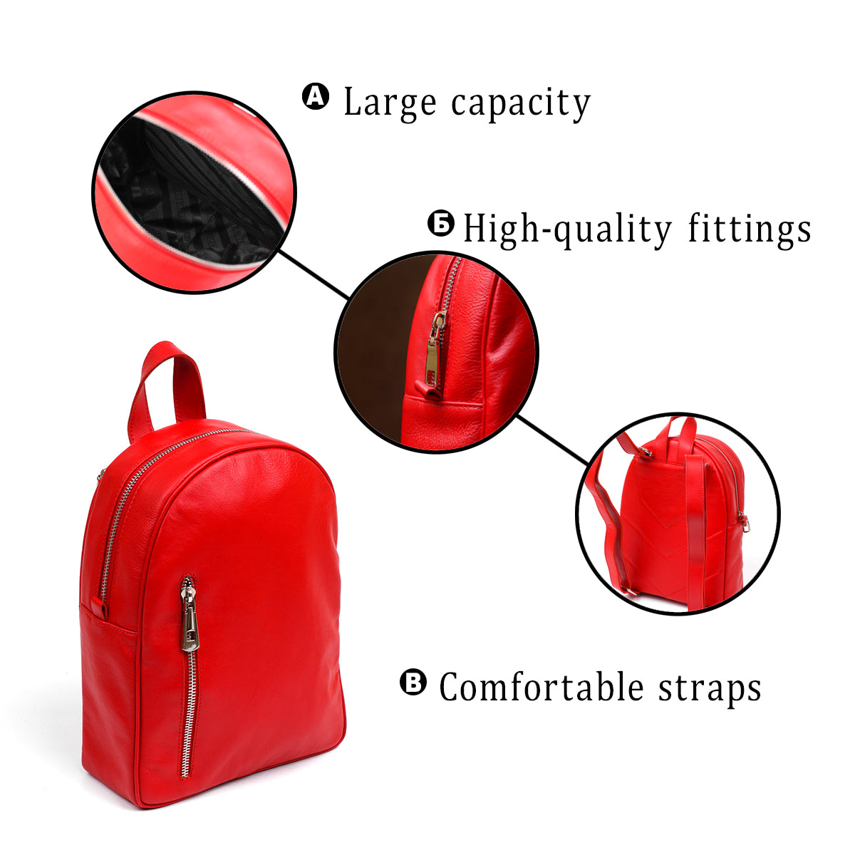 Bright Red Women's Leather Backpack by SHVIGEL, Model 16316 - Made in Ukraine