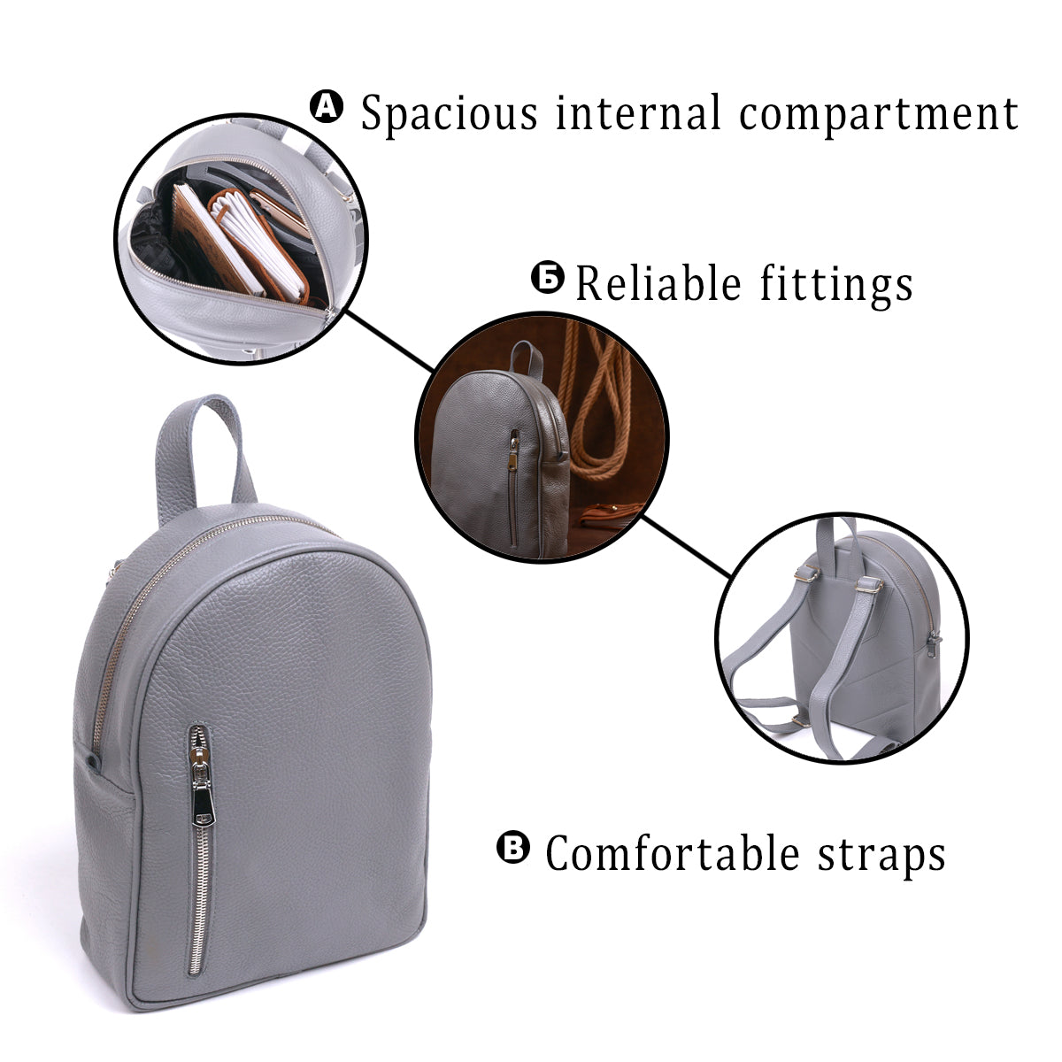 Practical Women's Backpack SHVIGEL 16323 Gray, Natural Leather, Ukrainian Craftsmanship