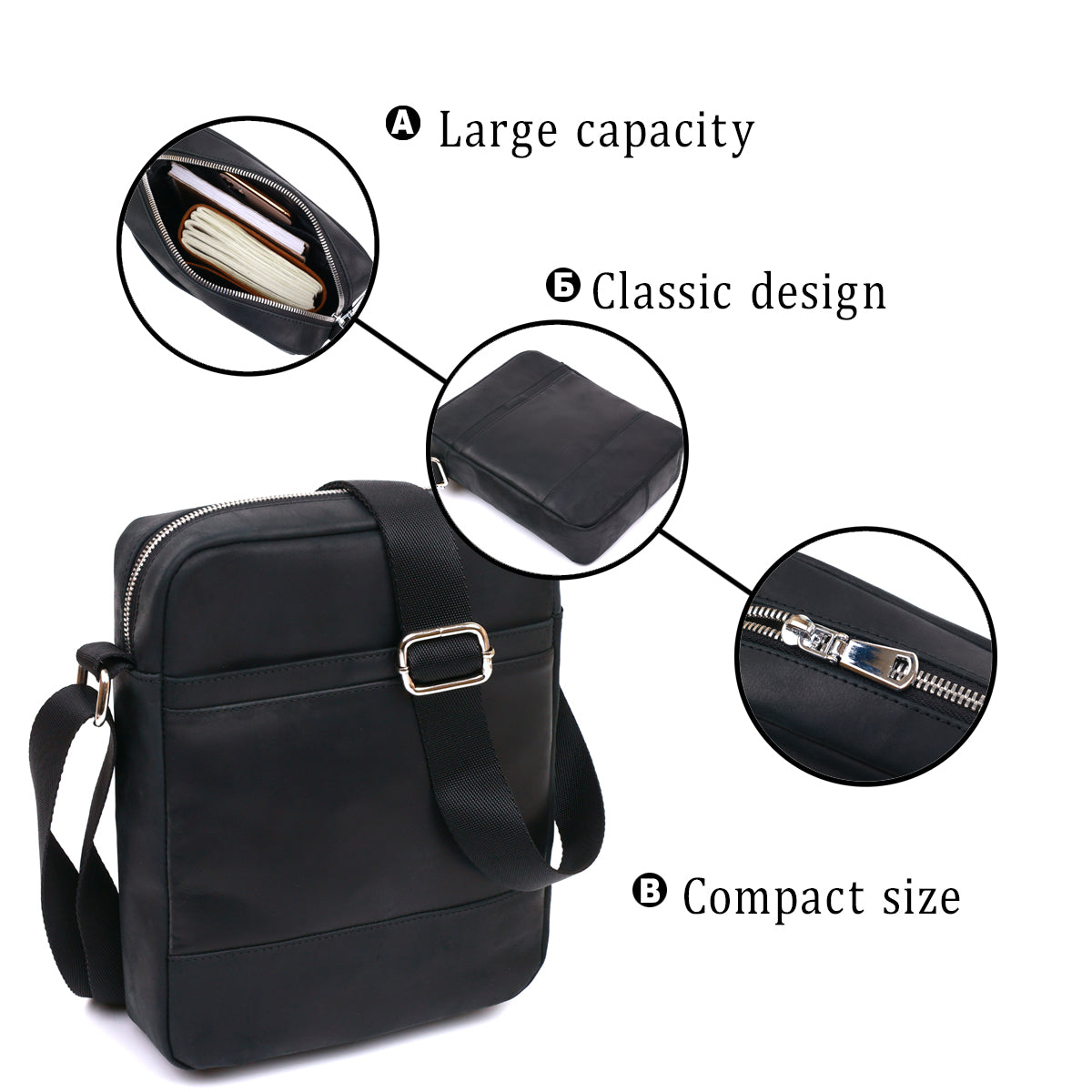 Vintage Men’s Shoulder Bag SHVIGEL 16331 Black Genuine Leather, Ukraine Made