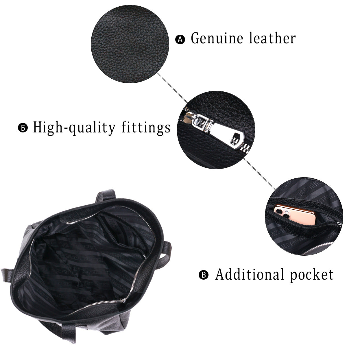 Leather Universal Women's Bag SHVIGEL 16354 Black - Natural Leather, Ukrainian Craftsmanship