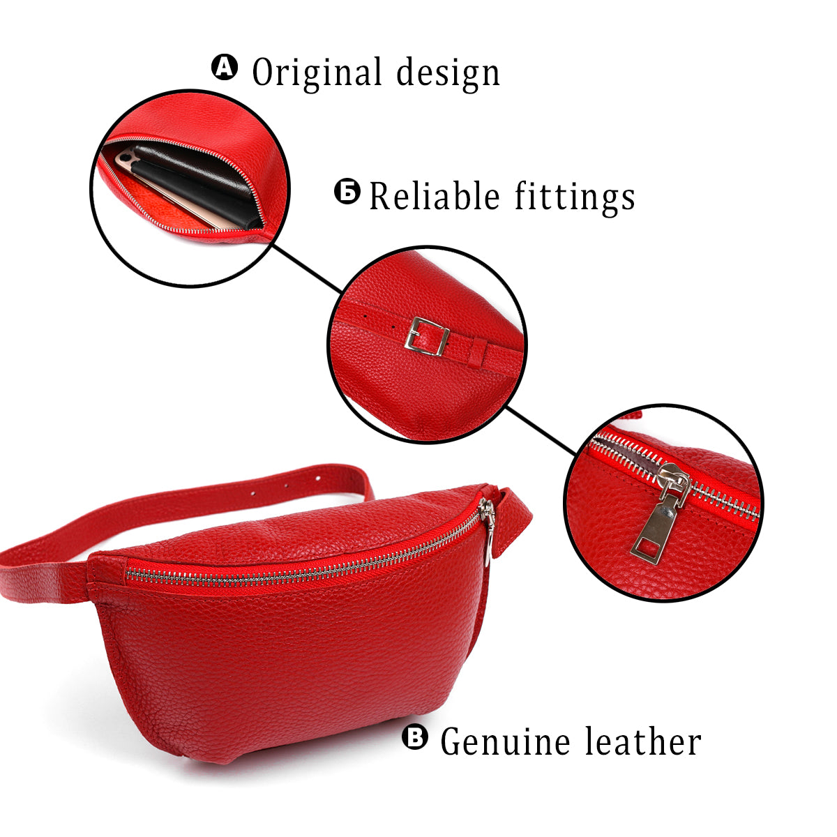 Women's Genuine Leather Belt Bag by SHVIGEL, Article 16372, Red Color, Made in Ukraine