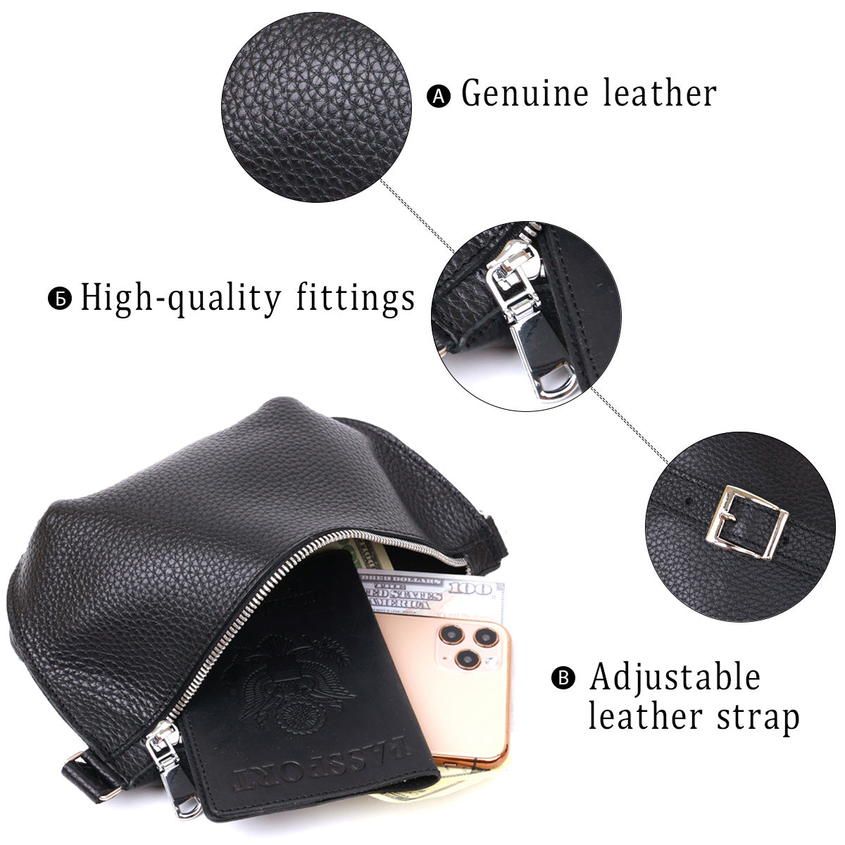 Leather Women's Banana Bag SHVIGEL 16373 Black Genuine Leather Durable Design