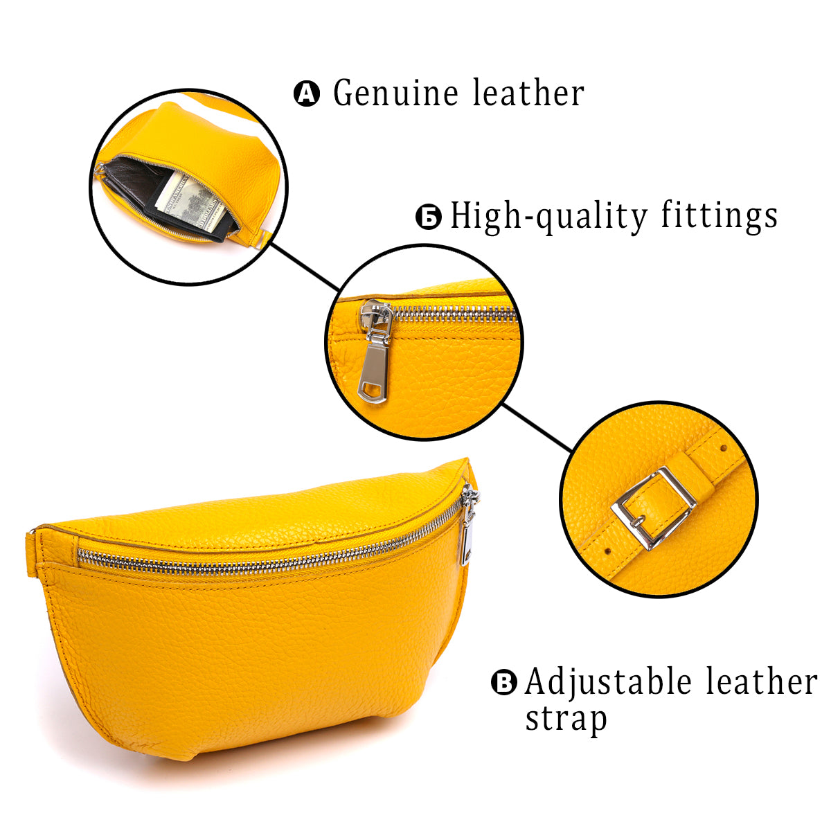 Bright Yellow Women's Leather Banana Bag SHVIGEL 16377 - Natural Leather, Ukraine